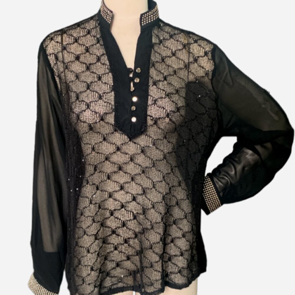 Belush Sheer Mixed Textured Lace Front Top XL Black‎ w/ Gold Accents #116H